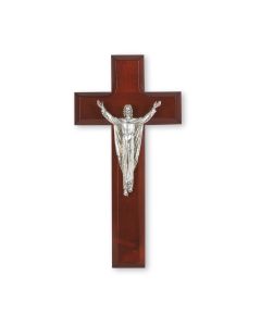 8" Dark Cherry Cross with an Italian Silver Finish Risen Christ Corpus