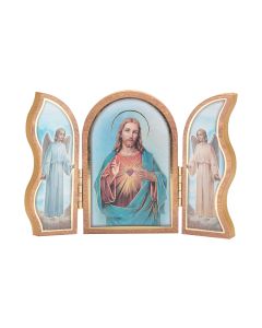 Sacred Heart of Jesus Standing Natural Wood Triptych