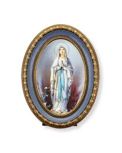 5 1/2" x 7 1/2" Oval Gold-Leaf Frame with a Our Lady of Lourdes Print-P65
