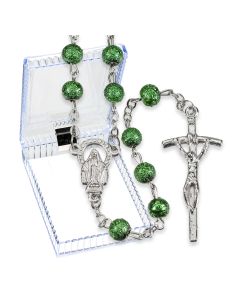 6mm Green Hammered Bead Rosary, Boxed-P65