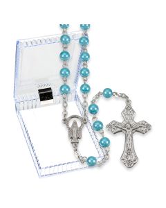 Blue Faux Pearl Bead Rosary, Boxed