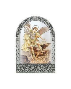 Antique Silver Metal Arched Easel with Gold Embossed St Michael Print