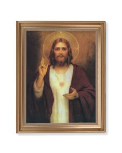 13 1/2" x 16 9/16" Gold Leaf Antique Finished Frame with 11" x 14" Chambers: Sacred Heart of Jesus Textured Art