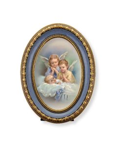 5 1/2" x 7 1/2" Oval Gold-Leaf Frame with a Guardian Angels Print-P65