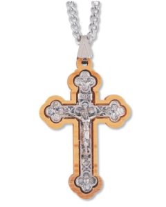 1 1/2" Antiqued Silver Oxidized Crucifix Set in Wood on a 24" Chain, Boxed