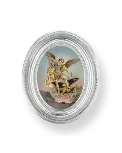 3 1/2" x 4 1/2" Silver Oval Frame with a Saint Michael Print-P65