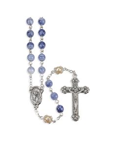 Blue Swirl and Faux Pearl Glass Bead Rosary