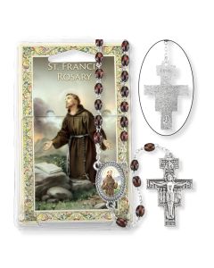 Brown Wood Bead Saint Francis 7 Decade Specialty Rosary Boxed