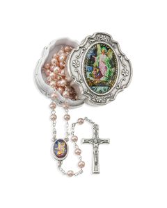 4mm Pink Pearlized Bead Rosary with Picture Center and Fancy Crucifix in Metal Keepsake Box