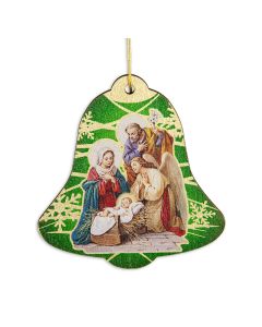 Wooden Christmas Green Bell Ornament Holy Family with Angel