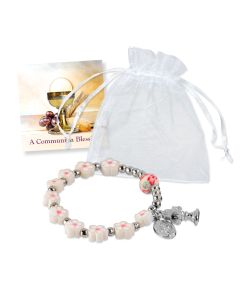 8mm White Floral Fimo Bead Rosary Stretch Bracelet with Charms in a White Organza Bag-P65