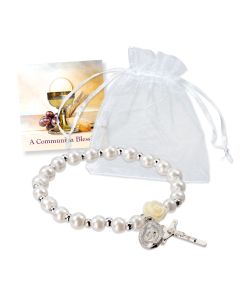 White Pearl Bead Stretch Rosary Bracelet with Silver Oxidized Crucifix and Medal. In White Organza Bag