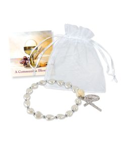 Pearl Heart Beaded Stretch Bracelet with Silver Oxidized Crucifix and Medal. Comes in White Organza Bag.