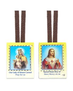 1 1/8" X 1 1/2" Our Lady of Mt. Carmel and Sacred Heart of Jesus Scapular with Brown Cords