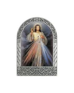 Antique Silver Metal Arched Easel with Gold Embossed Divine Mercy Print