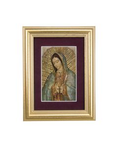 5 1/4" x 6 3/4" Gold Leaf Frame-Burgundy Matte with a 2 1/2" x 3 3/4" Our Lady of Guadalupe Print