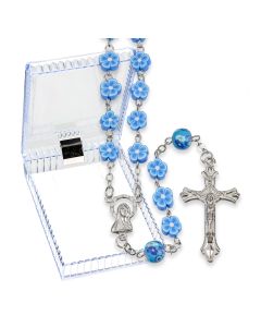 8mm Blue Floral Shaped Bead Rosary, Boxed-P65