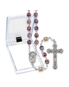 Purple Swirl and Faux Pearl Glass Bead Rosary, Boxed