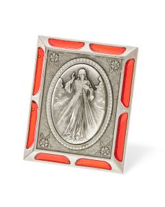 Divine Mercy Antiqued Silver Metal Plaque with Red Accents