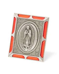 Our Lady of Guadalupe Antiqued Silver Metal Plaque with Red Accents