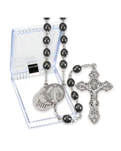 Black Wood Bead Rosary with 20 Mysteries of the Rosary Centerpiece, Boxed