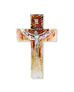 7" Sunset with Earth Tones on Glass Cross with Fine Pewter Corpus-P65