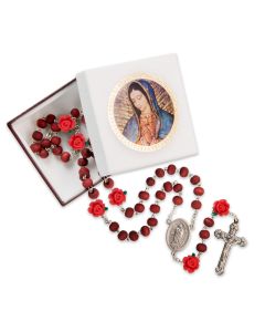 Rose Scented Our Lady of Guadalupe Wood Bead Rosary, Boxed