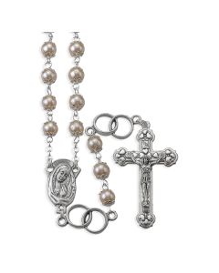 White Pearl Bead Silver Wedding Ring Rosary, Boxed