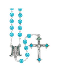 Aqua Glass Bead Rosary with Epoxied Center and Crucifix