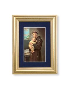 5 1/4" x 6 3/4" Gold Leaf Frame-Navy Blue Matte with a 2 1/2" x 3 3/4" Saint Anthony Print