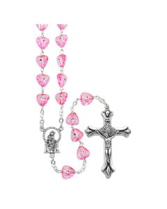 Pink Etched Heart Shaped Bead Rosary