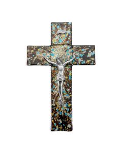 10" Multicolor Speckled Brown Glass Cross with Fine Pewter Corpus-P65