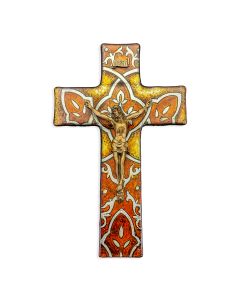 10" Burnt Orange Glass Cross with Museum Gold Tone Corpus-P65