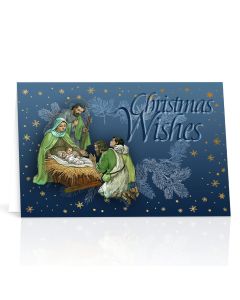 Nativity with Blue Pine and Stars Christmas Greeting Cards Boxed