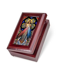 Mahogany Divine Mercy Stained Glass Music Box
