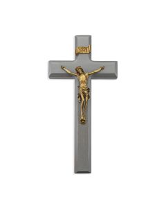 10" Grey Wood Cross with a Museum Gold Tone Corpus