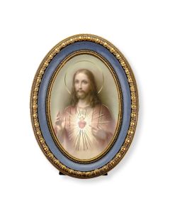 5 1/2" x 7 1/2" Oval Gold-Leaf Frame with a Sacred Heart of Jesus Print-P65
