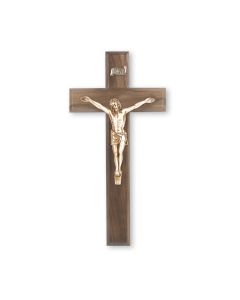 10" Walnut Wood Cross with Museum Gold Finish Antiqued Corpus