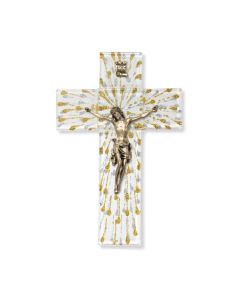 7" Shimmering Gold and Silver Rays on White Glass Cross with Museum Gold Tone Corpus-P65