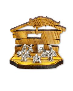 1 ¾" Laser Cut Olive Wood Nativity with Star and Metal Figurines