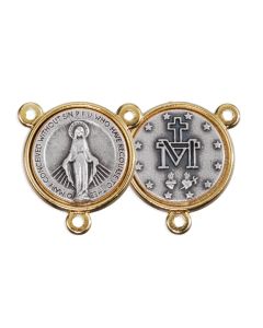 19mm Miraculous Medal Silver Ox Centerpiece  in Gold Setting 