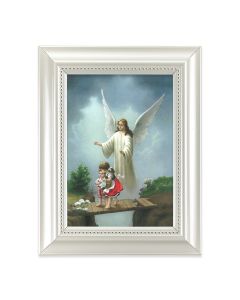 5 1/2 X 7" Pearlized White Frame with a Guardian Angel Over Bridge Print