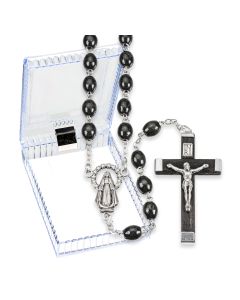 Black Boxwood Oval Bead Rosary, Boxed