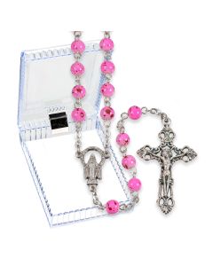 Pink Speckled Glass Bead Rosary, Boxed