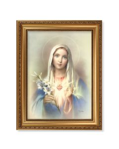 15 1/2" x 19 1/2" Antique Gold Leaf Beveled Frame with Bead Inlay and 12" x 16" Immaculate Heart of Mary Textured Art