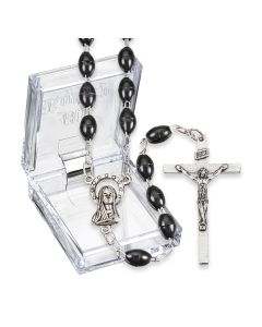 Black Plastic Oval Bead Rosary, Boxed