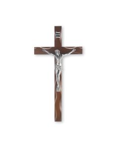 10" Walnut Knotched Crucifix with Antique Silver Finish Corpus-P65