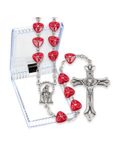Ruby Etched Heart Shaped Bead Rosary, Boxed