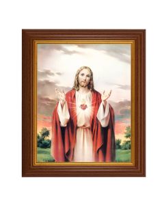 10 1/2" x 12 1/2" Walnut Finish Beveled Frame with 8" x 10" Sacred Heart of Jesus Textured Art