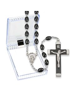Black Acrylic Bead Rosary with Metal Bound Crucifix, Boxed